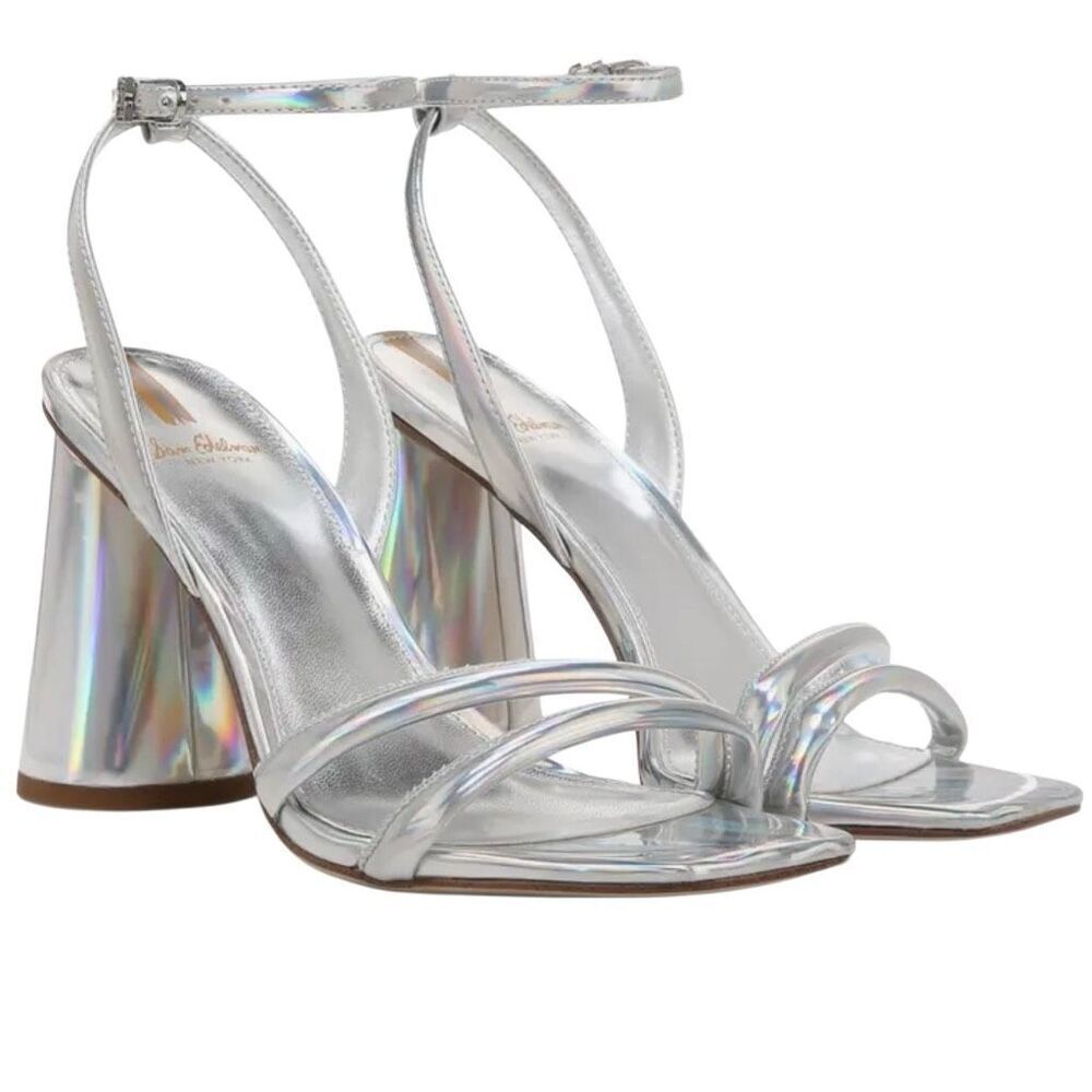 NIB Sam Edelman Women's Silver Kia Metallic Ankle Strap Block Heel Sandals 8